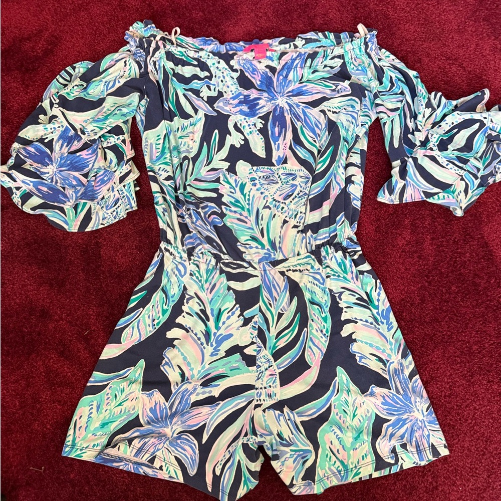 Lilly Pulitzer Calla Off Shoulder Romper High Tide Navy Ready Set Gecko small S